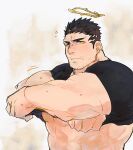  1boy abs bara black_hair black_shirt blush clothes_lift facial_hair halo lifted_by_self looking_at_viewer male_focus mature_male muscular muscular_male pectorals po_fu shirt shirt_lift short_hair sideburns solo stomach stubble sweat sweatdrop tokyo_houkago_summoners upper_body zabaniya_(tokyo_houkago_summoners) 