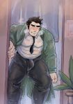  1boy bandaid bandaid_on_nose bara black_hair blush breath bulge coat covered_abs covered_nipples facial_hair feet_out_of_frame green_coat gyakuten_saiban highres huwenlang itonokogiri_keisuke male_focus mature_male muscular muscular_male pants pectorals shirt short_hair sideburns solo standing stubble thick_eyebrows thick_thighs thighs tight tight_pants wet wet_clothes wet_shirt 