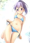  1girl :q bare_arms bare_shoulders bikini black_scrunchie blue_bikini blurry blurry_background blush closed_mouth collarbone commentary dated_commentary depth_of_field groin hair_ornament hair_scrunchie halterneck high_ponytail highres looking_at_viewer navel original ponytail purple_eyes purple_hair scrunchie shibacha side-tie_bikini smile solo string_bikini swimsuit tongue tongue_out untied untied_bikini 