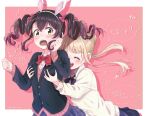  2girls ^_^ animal_ears bangs black_hair black_jacket blazer blonde_hair blunt_bangs blush bow bowtie braid braided_bun bunny_ears cardigan closed_eyes collared_shirt commentary cowboy_shot crossed_bangs d4dj drill_hair drop_shadow eyebrows_visible_through_hair fake_animal_ears flat_chest flat_chest_grab floating_hair fukushima_noa grabbing grabbing_from_behind gradient_hair hair_between_eyes hair_bow hair_bun hands_up highres jacket komu_kom long_hair long_sleeves multicolored_hair multiple_girls ohnaruto_muni open_mouth pink_background pink_bow pink_cardigan pink_hair plaid plaid_skirt purple_bow purple_skirt school_uniform shirt sidelocks skirt smile standing translation_request twin_drills twitter_username upper_teeth wavy_mouth white_cardigan white_shirt yellow_eyes 