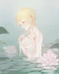  1girl absurdres bangs blonde_hair breasts closed_mouth covered_nipples flower from_side genshin_impact hair_between_eyes highres ia_(ias1010) large_breasts leaf lotus lumine_(genshin_impact) nude partially_submerged profile see-through short_hair_with_long_locks solo water wet wet_hair yellow_eyes 