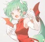  1girl china_dress chinese_clothes draco_centauros dragon_girl dragon_horns dragon_tail dragon_wings dress elbow_gloves fang gloves green_hair grey_background horns looking_at_viewer open_mouth pointy_ears puyopuyo red_dress sansaro_rii short_hair simple_background tail upper_body v-shaped_eyebrows white_gloves wings yellow_eyes 