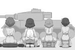  4girls bob_cut bucket clothes_around_waist commentary dark-skinned_female dark_skin facing_away from_behind girls_und_panzer gloves greyscale ground_vehicle highres hoshino_(girls_und_panzer) jumpsuit long_sleeves mechanic medium_hair military military_vehicle monochrome motor_vehicle multiple_girls nakajima_(girls_und_panzer) renshiu shoes short_hair sitting stool suzuki_(girls_und_panzer) tank tank_top tiger_(p) tire tomboy tsuchiya_(girls_und_panzer) uniform v_arms wariza 