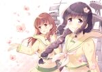  2girls alternate_hairstyle bangs black_hair blunt_bangs blush braid brown_eyes brown_hair flower hair_over_shoulder kantai_collection kitakami_(kancolle) komi_zumiko long_hair midriff multiple_girls navel ooi_(kancolle) pleated_skirt purple_eyes remodel_(kantai_collection) rigging school_uniform serafuku sidelocks single_braid skirt smile 