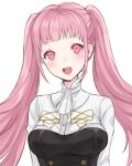  1girl :d ascot bangs banned_artist blush breasts commentary fire_emblem fire_emblem:_three_houses garreg_mach_monastery_uniform hilda_valentine_goneril long_hair long_sleeves looking_at_viewer medium_breasts open_mouth pink_eyes pink_hair shimizu_akina shirt simple_background smile solo twintails upper_body white_background white_neckwear white_shirt 