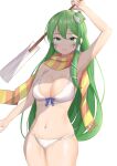  1girl absurdres arm_up armpits bangs bikini blue_bow blush bow bow_bikini breasts cleavage commentary_request cookie_(touhou) cowboy_shot cross eyebrows_visible_through_hair facepaint frog_hair_ornament gohei green_eyes green_hair hair_between_eyes hair_ornament hair_tubes highres ikikiksgiksg kochiya_sanae long_hair looking_at_viewer medium_breasts navel open_mouth orange_scarf paseri_(cookie) scarf simple_background smile snake_hair_ornament solo striped striped_scarf swimsuit touhou white_background white_bikini yellow_scarf 