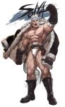  1boy abs absurdres arm_up bara bare_pectorals beard biceps bulge facial_hair full_body fundoshi granblue_fantasy highres jacket jacket_on_shoulders jang_ju_hyeon japanese_clothes large_pectorals male_focus manly mature_male muscular muscular_male navel nipples old old_man pectorals scar scar_on_chest scar_on_leg short_hair solo soriz stomach thick_thighs thighs white_male_underwear 