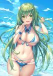  1girl absurdres ass_visible_through_thighs bikini blue_sky breasts cleavage cloud commentary_request day detached_collar duplicate frog_hair_ornament green_eyes green_hair hair_between_eyes hair_ornament highres kochiya_sanae large_breasts liya long_hair looking_at_viewer mountainous_horizon navel ocean open_mouth outdoors partially_submerged pixel-perfect_duplicate sky smile solo standing swimsuit thigh_gap touhou two-tone_bikini underboob very_long_hair water_drop wet wrist_cuffs 