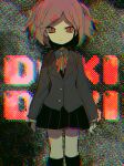  1girl arms_at_sides background_text bangs black_legwear black_skirt blazer breasts chromatic_aberration closed_mouth cropped_legs dark doki_doki_literature_club expressionless eyebrows_visible_through_hair glitch grey_jacket hair_ornament jacket kneehighs long_sleeves medium_hair natsuki_(doki_doki_literature_club) neck_ribbon no_nose pink_eyes pink_hair pleated_skirt ribbon school_uniform skirt slit_pupils small_breasts solo soumenhiyamugi standing static two_side_up x_hair_ornament 