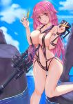  1girl anti-materiel_rifle bangs bare_legs bare_shoulders between_breasts blush breasts bullet cloud collarbone eyebrows_visible_through_hair fingernails girls&#039;_frontline groin gun hair_flaps hands_up highres holding_bullet horizon large_breasts long_hair looking_at_viewer navel ntw-20 ntw-20_(girls_frontline) ocean one-piece_swimsuit outdoors pao_mian+dan parted_lips pink_hair pink_nails red_eyes revealing_clothes rifle skindentation sky sniper_rifle solo standing standing_on_one_leg swimsuit thigh_gap thighs water weapon wet 