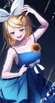  1girl :d absurdres arm_up bangs bare_arms bare_shoulders blonde_hair blue_dress blue_eyes bow breasts brown_nails collarbone commentary dress dripping flower hair_ornament hair_ribbon hairband hairclip highres huge_filesize inu8neko kagamine_rin nail_polish open_mouth pleated_dress rain ribbon sleeveless sleeveless_dress small_breasts smile solo sunflower sweat swept_bangs upper_teeth vocaloid white_bow white_hairband white_ribbon yellow_flower 