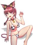  1girl animal_ears animal_print barefoot bell bikini braid breasts cat_ears cat_tail chinese_zodiac claw_pose collarbone cookie_(touhou) cow_print cowbell earrings extra_ears fake_horns foot_out_of_frame hand_up horns jewelry jgknskdcfwnmnk_(cookie) jigoku_no_soko_de_coffee_wo_nomu_neko kaenbyou_rin looking_at_viewer medium_breasts navel piercing pink_eyes red_hair simple_background sitting solo swimsuit tail tongue_piercing touhou twin_braids twintails white_background year_of_the_ox 