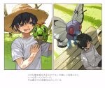  1boy bench black_hair butterfree caterpie closed_eyes closed_mouth commentary_request day gen_1_pokemon grass grey_eyes hat long_sleeves lower_teeth male_focus newo_(shinra-p) on_shoulder open_mouth outdoors pokemon pokemon_(creature) pokemon_on_shoulder shirt short_hair short_sleeves sitting sleeping t-shirt translation_request tree white_shirt yellow_headwear 
