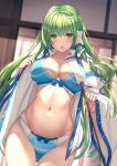  1girl absurdres bangs blue_bra blue_panties blush bow bow_bra bow_panties bra breasts cleavage collarbone commentary_request cowboy_shot duplicate eyebrows_visible_through_hair frog_hair_ornament gohei green_eyes green_hair hair_ornament hair_tubes highres holding indoors kochiya_sanae large_breasts liya long_hair long_sleeves looking_at_viewer navel open_clothes panties parted_lips pixel-perfect_duplicate snake solo standing touhou underwear white_snake wide_sleeves 
