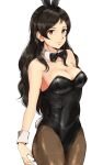  1girl absurdres animal_ears black_legwear black_leotard brown_eyes brown_hair bunny_ears bunny_tail detached_collar eyebrows_visible_through_hair fake_animal_ears gatsby_ssl highres idolmaster idolmaster_million_live! kitazawa_shiho leotard long_hair looking_at_viewer pantyhose playboy_bunny side-tie_leotard simple_background solo strapless strapless_leotard tail white_background wrist_cuffs 