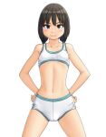 1girl bangs bikini black_eyes black_hair blush bob_cut breasts closed_mouth commentary_request cowboy_shot hands_on_hips looking_at_viewer maburu_(lojyq1eur3e8bit) navel original short_hair simple_background small_breasts smile solo standing swimsuit white_background white_bikini 