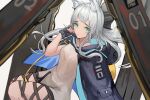  1girl absurdres animal_ear_fluff animal_ears arknights black_jacket blue_gloves cat_ears cowboy_shot dress fingerless_gloves frown gloves green_eyes grey_hair highres infection_monitor_(arknights) jacket long_hair looking_at_viewer mea_(hwaksal) open_clothes open_jacket rosmontis_(arknights) solo white_dress 