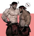  2boys abs bara beard belly blacksmith brown_pants bulge chest_hair couple dark-skinned_male dark_skin dirty dirty_face facial_hair feet_out_of_frame gloves hand_on_another&#039;s_shoulder headband height_difference highres interracial jang_ju_hyeon large_pectorals male_focus mature_male multiple_boys muscular muscular_male navel navel_hair nipples original pants pectorals pelvic_curtain plump shirtless short_hair smile stomach sweat tan tanline yaoi 