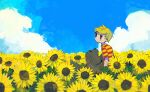  1boy blonde_hair blush boney closed_mouth cloud day dog field flower flower_field lucas_(mother_3) male_focus mother_(game) mother_3 outdoors shirt short_sleeves sky soumenhiyamugi striped striped_shirt sunflower 