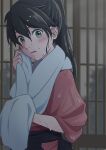  1girl black_hair black_hakama brown_eyes commentary_request door hakama highres houshou_(kancolle) japanese_clothes kantai_collection kimono kodama_(chonks) long_hair pink_kimono ponytail solo towel towel_around_neck wet wet_clothes white_towel 