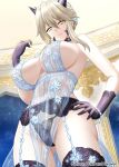  1girl artoria_pendragon_(all) artoria_pendragon_(lancer_alter)_(fate) babydoll bangs bare_shoulders black_gloves black_panties blonde_hair blue_babydoll braid breasts cleavage closed_mouth commentary cowboy_shot eyebrows_visible_through_hair fate/grand_order fate_(series) french_braid from_below garter_belt gloves groin hair_between_eyes hand_on_hip hand_up hellandheaven highres horns indoors large_breasts light_smile lingerie looking_at_viewer midriff navel night night_sky panties patreon_username revealing_clothes royal_icing see-through sidelocks sky solo standing thighhighs underwear yellow_eyes 