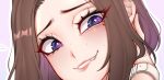  1girl biting blue_eyes brown_hair face freckles heart heart-shaped_pupils kitsunearts lip_biting mole mole_under_eye samsung samsung_sam symbol-shaped_pupils watch wristwatch 