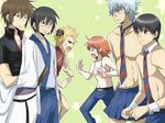  5boys bad_id bad_pixiv_id bespectacled black_hair blonde_hair blue_hair bra cosplay costume_switch crossover danshi_koukousei_no_nichijou faceoff gintama glasses hadanugi_dousa japanese_clothes kagura_(gintama) kagura_(gintama)_(cosplay) kimono lingerie long_sleeves maruki_(punchiki) multiple_boys necktie no_eyewear open_mouth pose sakata_gintoki sakata_gintoki_(cosplay) school_uniform seiyuu_connection serafuku shimura_shinpachi shimura_shinpachi_(cosplay) short_hair skirt sleeveless striped striped_neckwear sugita_tomokazu tabata_hidenori tadakuni tanaka_yoshitake underwear 