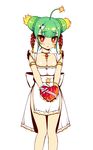  ahoge apron armlet bad_id bad_tinami_id bangle blush bomb box bracelet braided_bun breasts cleavage double_bun embarrassed firecrackers food fruit gift gift_box green_hair hair_ornament heart heart-shaped_box highres honihoni incoming_gift jewelry naked_apron neck_ring original panda_hair_ornament red_eyes simple_background small_breasts solo star star-shaped_pupils suisui_(honihoni) symbol-shaped_pupils themed_object valentine watermelon white_background 