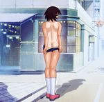  artist_request ass azumanga_daiou back brown_hair day from_behind kagura_(azumanga_daiou) looking_back one-piece_tan outdoors public_nudity pulled_by_self road shadow shoes short_hair socks solo street swimsuit swimsuit_pull tan tanline undressing vanishing_point 