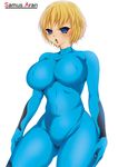  1girl artist_request blonde_hair blue_eyes bodysuit breasts highres large_breasts metroid samus_aran solo zero_suit 