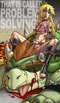  1girl background_text bare_shoulders blonde_hair blood blue_eyes bowser breasts cigarette cigarette_holder crown elbow_pads english femdom gloves highres leaning_back long_hair looking_at_viewer mario_(series) michael_lee_lunsford midriff molten_rock mound_of_venus navel nintendo princess_peach shirt sitting smoke smoking spread_legs straddle straddling super_mario_bros. text toes tongue torn_clothes torn_shirt underboob 