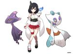  1girl absurdres bangs black_hair closed_mouth crossover detached_sleeves eyebrows_visible_through_hair froslass gen_4_pokemon gen_5_pokemon hair_ornament highres holding holding_poke_ball japanese_clothes kantai_collection litwick looking_at_viewer miniskirt mismagius momimaki nontraditional_miko pleated_skirt poke_ball poke_ball_(basic) pokemon pokemon_(creature) red_eyes red_skirt ribbon-trimmed_sleeves ribbon_trim short_hair skirt tabi thigh_strap white_legwear wide_sleeves yamashiro_(kancolle) 