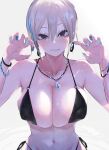  1girl bikini black_bikini bracelet breasts brws claw_pose cleavage earrings fingernails highres idolmaster idolmaster_cinderella_girls idolmaster_cinderella_girls_starlight_stage jewelry large_breasts navel necklace sharp_fingernails sharp_teeth shiomi_shuuko silver_hair swimsuit teeth water wet 