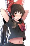  1girl adjusting_hair alternate_costume arms_behind_head bangs black_hair black_shirt black_skirt bow closed_mouth e.o. eyebrows_visible_through_hair frilled_bow frills hair_bow hair_tie_in_mouth hair_tubes hakurei_reimu highres long_hair looking_at_viewer mouth_hold navel one_eye_closed red_bow red_eyes shirt short_sleeves simple_background skirt solo stomach touhou tying_hair white_background 