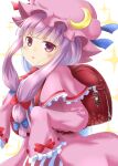 1girl backpack bag bangs blue_bow blue_ribbon blunt_bangs blush bow capelet commentary_request crescent crescent_hat_ornament crescent_pin dress_bow eyebrows_visible_through_hair frilled_capelet frilled_sleeves frills hair_bow hat hat_ornament hat_ribbon koakuma looking_at_viewer mob_cap parted_lips patchouli_knowledge purple_eyes purple_hair ram_hachimin randoseru red_bow red_ribbon ribbon sleeves_past_fingers sleeves_past_wrists solo sparkle_background touhou very_long_sleeves 