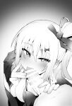 1boy 1girl bar_censor blush breasts censored eyebrows_visible_through_hair fellatio fingernails girls&#039;_frontline gloves grey_background greyscale hair_between_eyes hair_ornament hair_ribbon hairclip hetero highres jp06 kalina_(girls&#039;_frontline) large_breasts looking_at_viewer monochrome oral penis pov pov_crotch ribbon side_ponytail single_glove skirt smile solo_focus thighhighs x_hair_ornament 