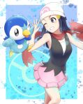  1girl absurdres black_shirt blue_eyes blue_hair dawn_(pokemon) gen_4_pokemon grin hat highres kiriniriki24 long_hair miniskirt one_eye_closed pink_skirt piplup poke_ball_print pokemon pokemon_(creature) pokemon_(game) pokemon_dppt red_scarf scarf shiny shiny_hair shirt skirt sleeveless sleeveless_shirt smile solo standing starter_pokemon white_headwear 