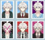  1boy ahoge alternate_hairstyle bangs black_background black_jacket brown_jacket chain chained collar collarbone collared_shirt commentary_request cross danganronpa_(series) danganronpa_2:_goodbye_despair danganronpa_3_(anime) danganronpa_another_episode:_ultra_despair_girls expressionless face grey_hair highres hood hood_down hooded_jacket hope&#039;s_peak_academy_school_uniform hospital_gown jacket komaeda_nagito looking_at_viewer male_focus messy_hair metal_collar multiple_views necktie official_alternate_costume open_clothes open_jacket open_mouth pink_background pink_blood purple_background red_background red_neckwear red_shirt school_uniform shaded_face shiny shiny_hair shirt short_hair short_ponytail spoilers striped striped_shirt sweat upper_body white_shirt zhileng_kong_tiao 