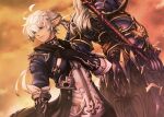  2boys ahoge alphinaud_leveilleur armor bangs black_gloves blue_eyes closed_mouth dragoon_(final_fantasy) dutch_angle earrings elezen elf estinien_wyrmblood facing_away final_fantasy final_fantasy_xiv full_armor gauntlets gloves holding holding_weapon jewelry long_hair looking_at_viewer mihira_(tainosugatayaki) multiple_boys pointy_ears shoulder_armor silver_hair standing sunset weapon white_hair 