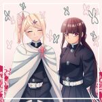  2girls ahoge akamatsu_kaede arms_behind_back bangs belt black_jacket blonde_hair blunt_bangs border brown_hair bug butterfly butterfly_hair_ornament cape cheer_(cheerkitty14) closed_eyes closed_mouth commentary cosplay cosplay_request danganronpa_(series) danganronpa_v3:_killing_harmony english_commentary flower grey_background hair_ornament hairclip harukawa_maki highres insect jacket kimetsu_no_yaiba long_hair mole mole_under_eye multiple_girls pink_flower pleated_skirt red_eyes shiny shiny_hair short_hair side_ponytail skirt smile striped striped_background twintails v_arms white_belt white_border white_cape 