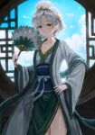  1girl aqua_eyes bangs blush breasts cleavage cloud copyright_request day fan feather_fan hand_on_hip highres holding holding_fan indoors parted_bangs short_hair silver_hair small_breasts solo sonchi standing tiara window 
