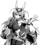  1girl azur_lane bare_shoulders bodystocking breasts clothing_cutout coat coat_on_shoulders eyebrows_visible_through_hair food gloves greyscale headgear highres holding holding_food hori_(hori_no_su) large_breasts long_hair monochrome navel new_jersey_(azur_lane) open_clothes open_coat outstretched_arm shiny shiny_clothes simple_background solo stomach_cutout white_background white_coat white_gloves 