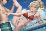  1boy 1girl bangs bare_shoulders bikini black_hair blonde_hair blue_sky blush braid breasts cleavage collarbone fate/grand_order fate_(series) french_braid fujimaru_ritsuka_(male) green_eyes green_shorts hair_ornament hair_scrunchie hetero long_hair lying medium_breasts mordred_(fate)_(all) mordred_(swimsuit_rider)_(fate) navel ocean on_side open_mouth parted_bangs ponytail prydwen_(fate) pussy red_bikini scrunchie short_hair shorts sidelocks sky spread_legs surfboard swimsuit unfairr water 