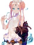  1girl abigail_williams_(fate) abigail_williams_(swimsuit_foreigner)_(fate) absurdres animal bangs bare_shoulders black_jacket blue_eyes bow braid cat closed_mouth cowboy_shot double_bun fate/grand_order fate_(series) frilled_swimsuit frills hand_up highres holding jacket keyhole long_hair multiple_bows parted_bangs puffy_sleeves simple_background sleeves_past_wrists suzumetarou swimsuit very_long_hair white_background white_headwear white_swimsuit 