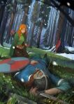  1boy 1girl absurdres alette_(banner_saga) arrow_(projectile) beard blood bloody_clothes bloody_hands blue_shirt bow_(weapon) bracer brown_hair brown_skirt cape closed_eyes corpse facial_hair forest grass green_cape haryarti helmet highres long_hair nature onef orange_hair quiver shield shirt sitting skirt snow spoilers sword the_banner_saga weapon 
