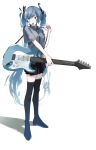  1girl black_legwear black_ribbon black_skirt blue_eyes blue_hair blue_neckwear boots collared_shirt commentary_request electric_guitar full_body grey_shirt guitar hair_ribbon hand_up hatsune_miku highres holding holding_instrument instrument ligton1225 long_hair looking_away necktie pleated_skirt plectrum plectrum_in_mouth ribbon shadow shirt short_sleeves shoulder_strap simple_background skirt solo standing thigh_boots thighhighs twintails vocaloid white_background zettai_ryouiki 