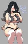  1girl 2021 agawa_ryou belly bikini black_hair blue_bikini blush breasts brown_eyes cleavage commentary dated english_commentary freckles grey_background large_breasts long_hair navel original simple_background solo swimsuit thighhighs thighs white_legwear 