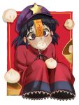  1girl absurdres baozi black_eyes black_hair blush chromatic_aberration dumpling eating food food_in_mouth hat_ornament highres miyako_yoshika oversized_clothes red_background red_pupils red_shirt shirt short_hair simple_background solo star_(symbol) star_hat_ornament touhou umamimochi upper_body 