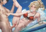  1boy 1girl bangs bare_shoulders bikini black_hair blonde_hair blue_sky blush braid breasts cleavage collarbone erection fate/grand_order fate_(series) french_braid fujimaru_ritsuka_(male) green_eyes grin hair_ornament hair_scrunchie hetero imminent_sex imminent_vaginal long_hair lying medium_breasts mordred_(fate)_(all) mordred_(swimsuit_rider)_(fate) navel nude ocean on_side parted_bangs penis ponytail prydwen_(fate) pussy red_bikini scrunchie short_hair sidelocks sky smile spread_legs surfboard swimsuit unfairr water 