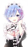  1girl :d black_bow black_neckwear black_ribbon blue_eyes blue_hair blush bow breasts cleavage flower_knot hair_ribbon hairband hand_up highres kawai_rou looking_at_viewer maid medium_breasts neck_ribbon open_mouth re:zero_kara_hajimeru_isekai_seikatsu rem_(re:zero) ribbon roswaal_mansion_maid_uniform round_teeth short_hair simple_background smile solo swammi teeth upper_body upper_teeth white_background white_bow 